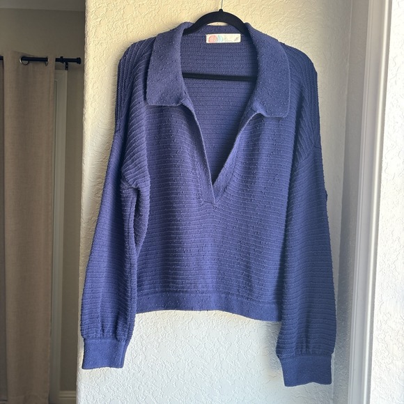 Free People Beach Sweaters - Free People Beach Womens L Sweater Knit Blue V-Neck Polo Collar Textured Boho